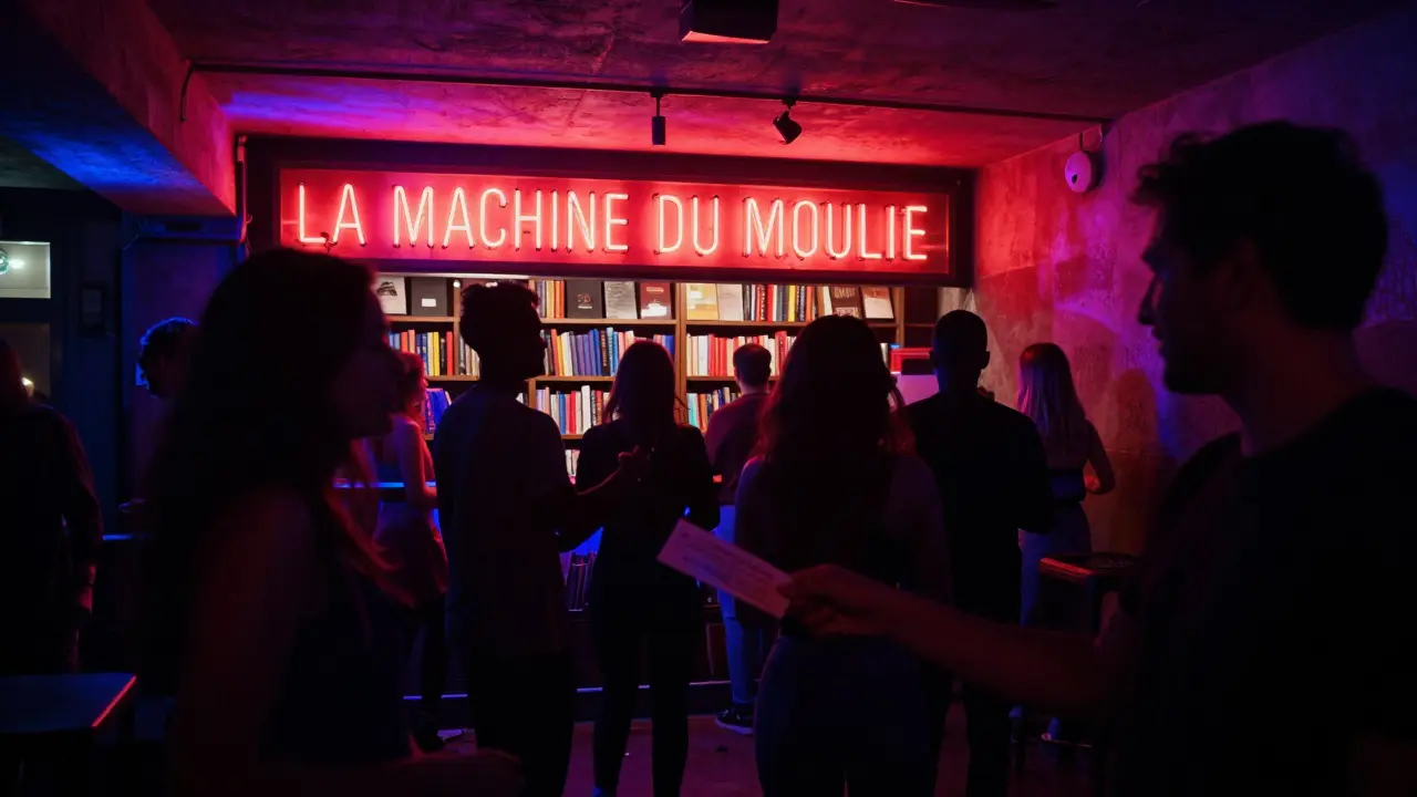 Hidden underground club with abstract colored lights and mysterious crowd at night.