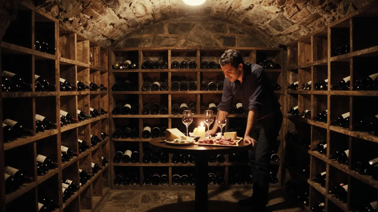 Intimate cellar with wine bottles and small table featuring cheese and wine glasses.
