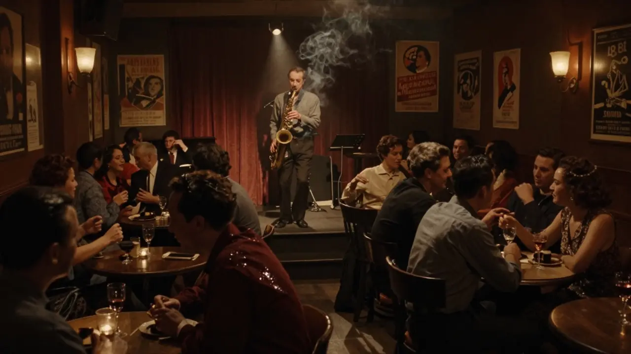 Intimate jazz club with musicians playing and patrons dancing under warm dim lights.