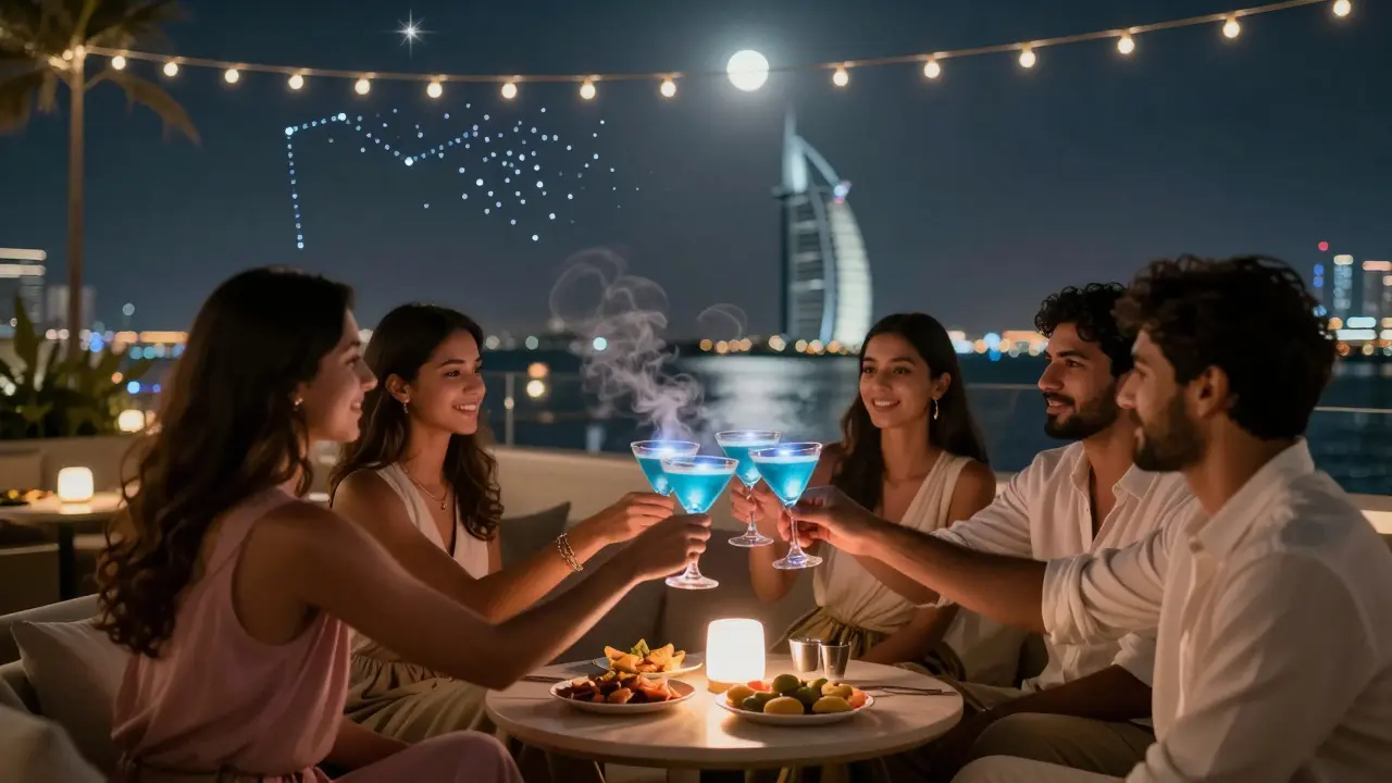 Intimate rooftop gathering with glowing cocktails and Palm Jumeirah lit up like stars.