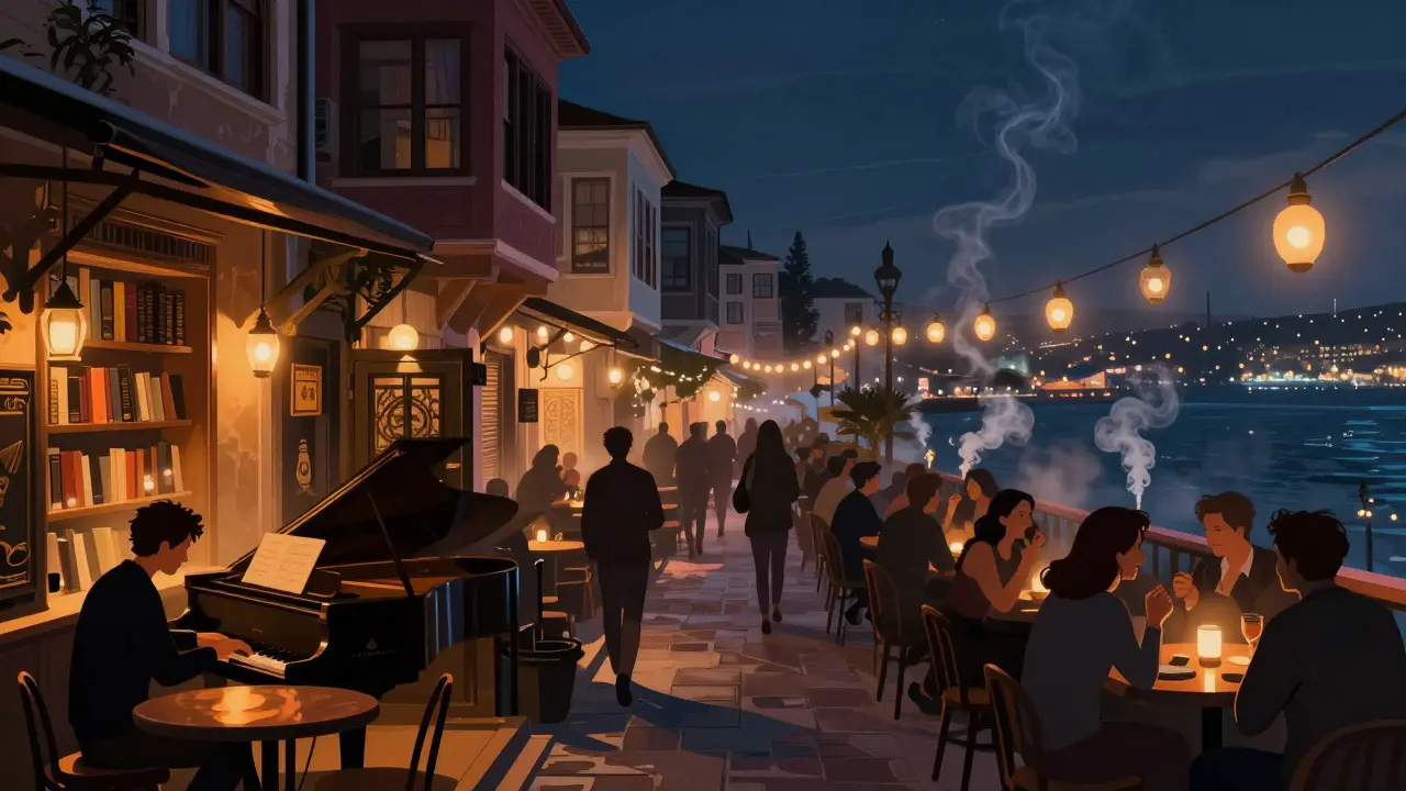 Istiklal Avenue at night filled with jazz bars, hidden speakeasies, and rooftop views under Ottoman architecture.