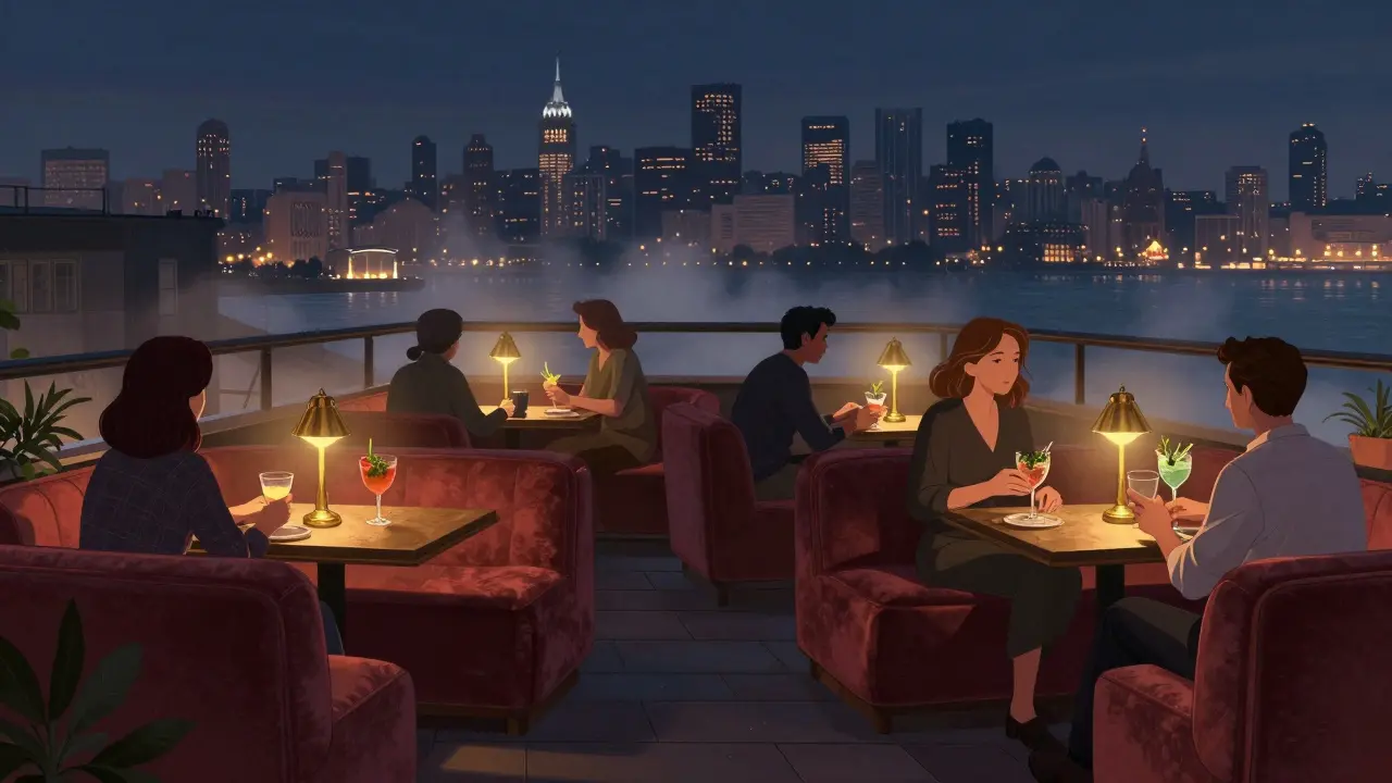 Karaköy Life rooftop bar at night with patrons in quiet conversation under vintage lamps and a glowing city skyline.