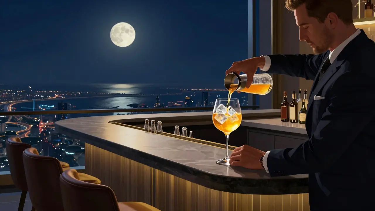 Luxury cocktail being prepared at 360 Lounge with panoramic views of Abu Dhabi's coastline.
