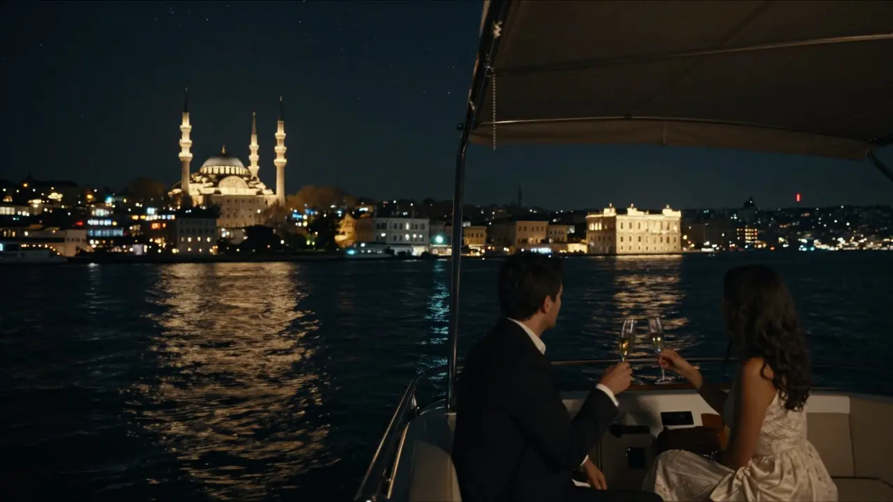 Private yacht on the Bosphorus at night, glowing palaces and stars reflecting on dark water.