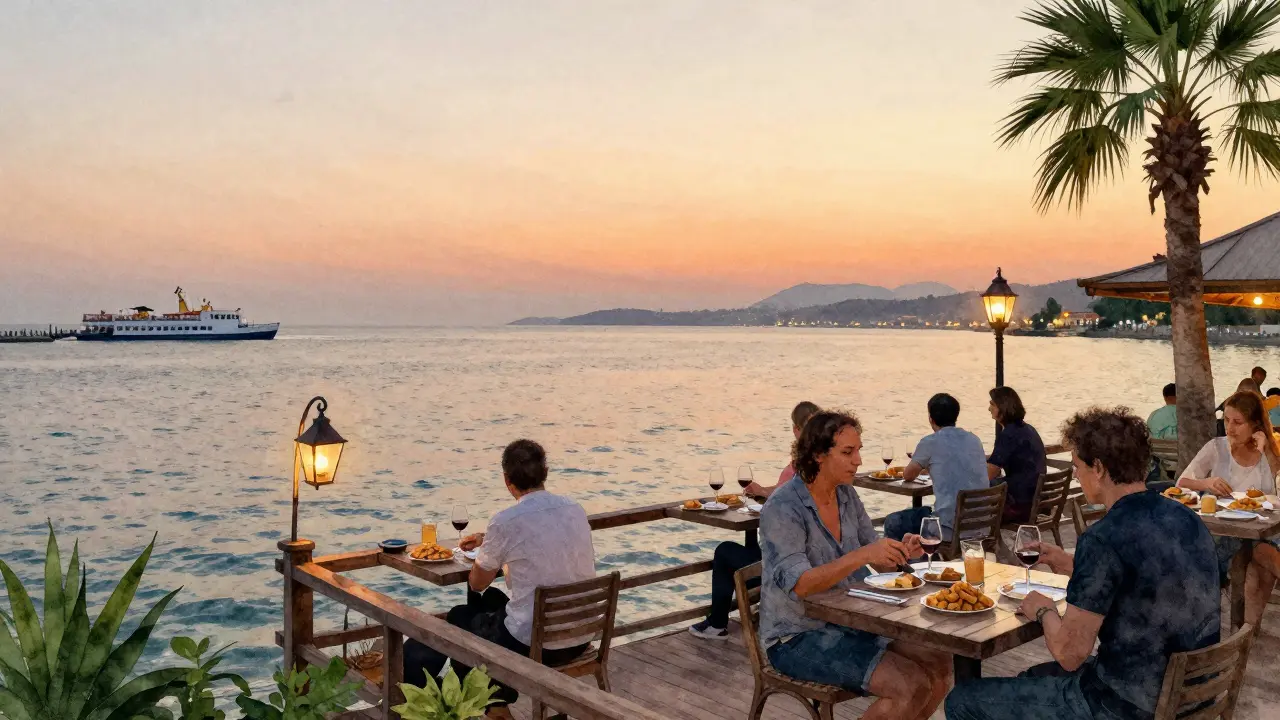 Quiet wooden terrace at İstiklal Bar on Büyükada, people enjoying wine as sunset fades over the sea.