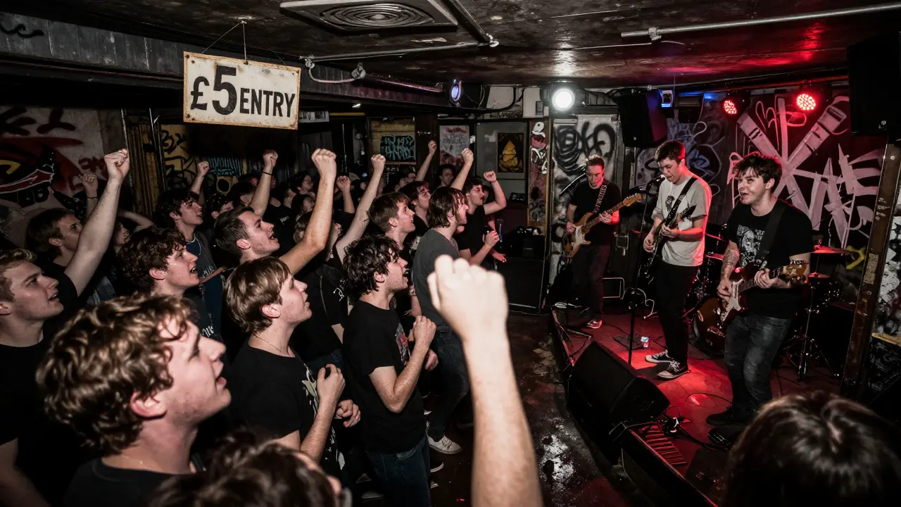 Raw punk band performing in a tiny, packed basement venue with glowing stage lights