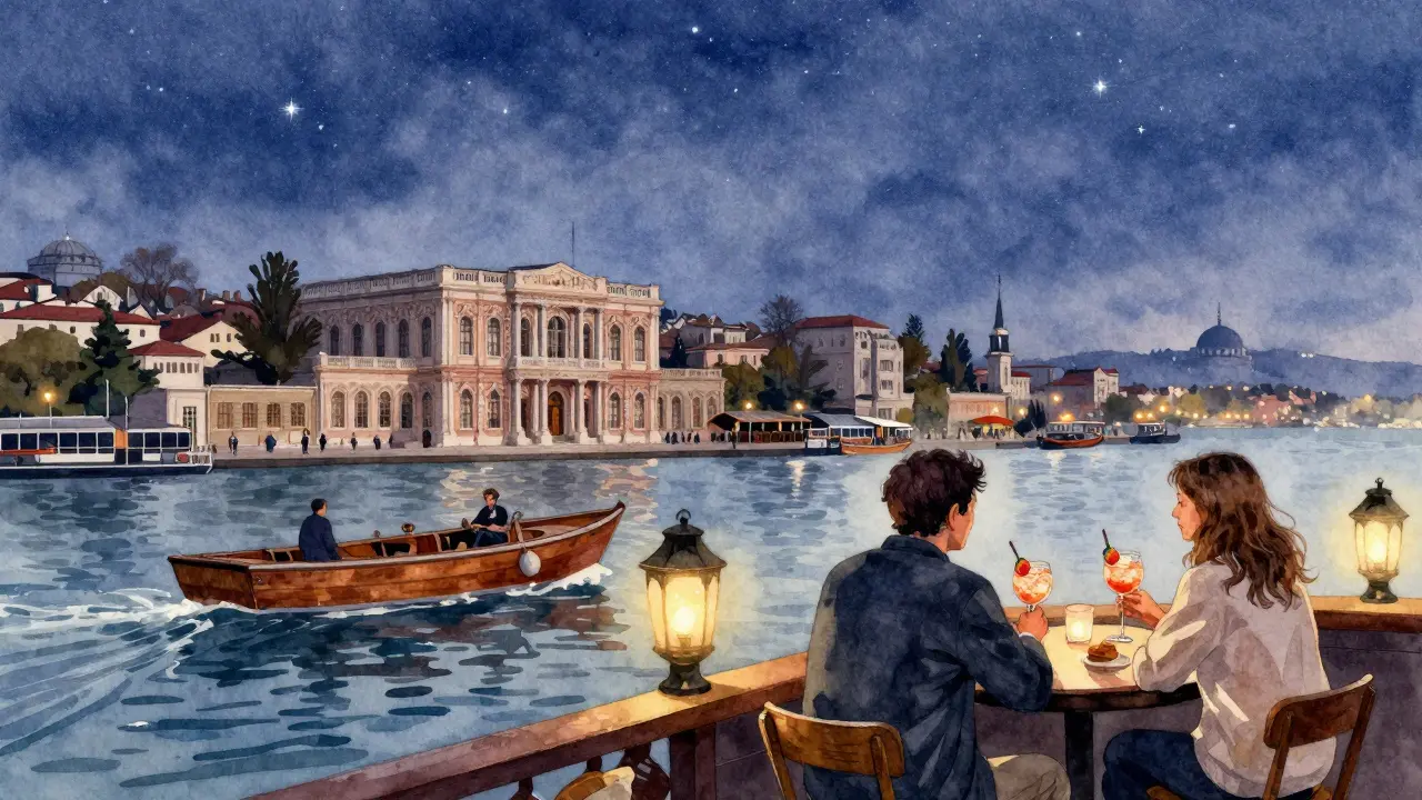 Romantic waterfront boat at dusk with two people drinking, Dolmabahçe Palace glowing softly in the distance.