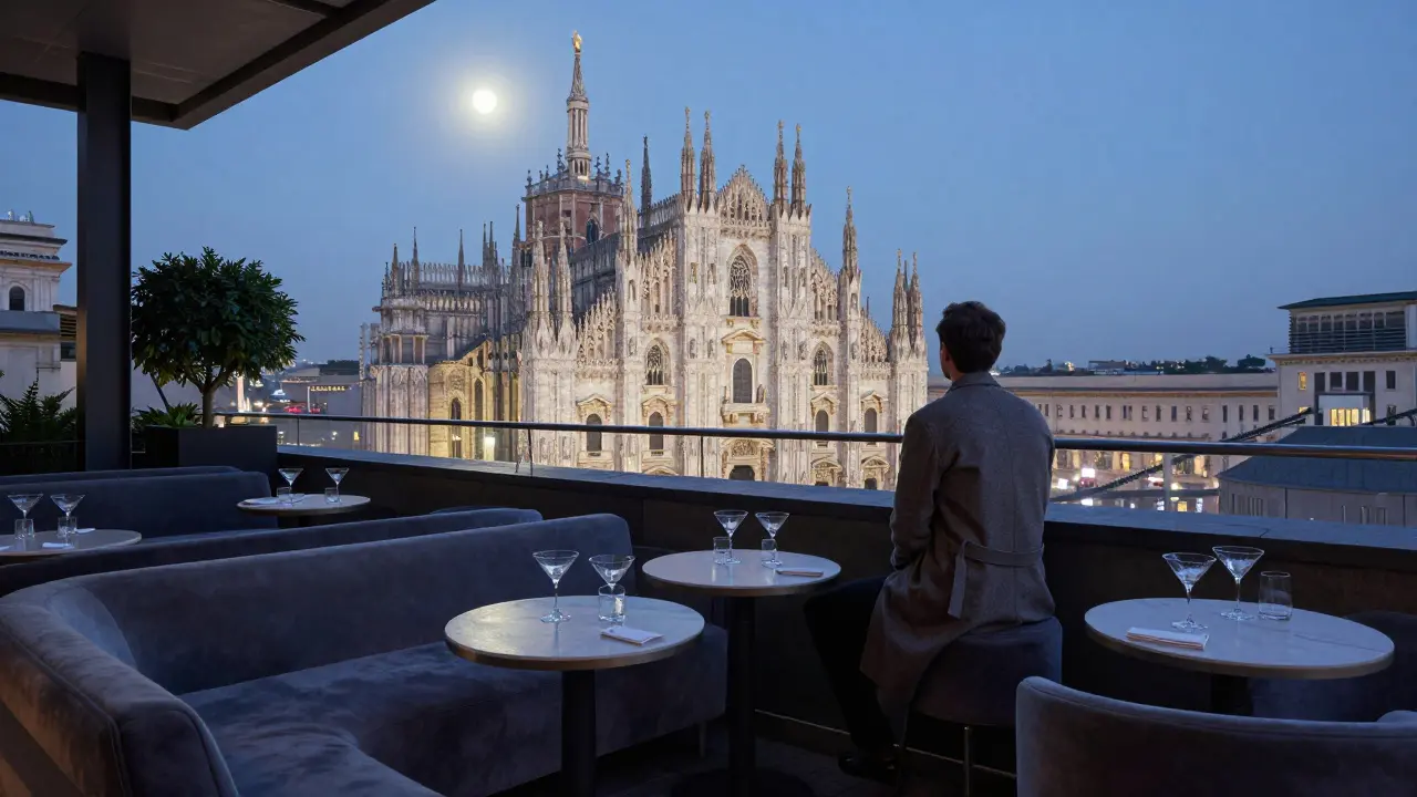 Rooftop bar with view of Milan’s Duomo at night, elegant and silent.