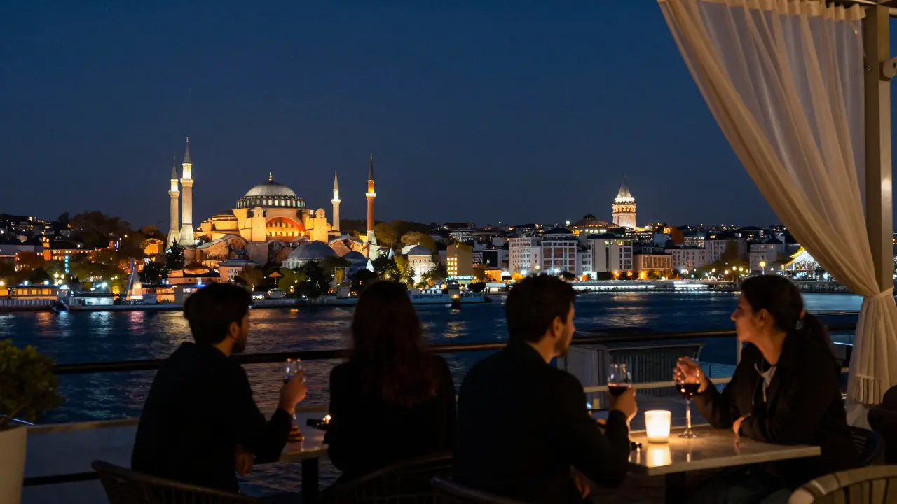 Rooftop view of Istanbul at midnight with Bosphorus, Hagia Sophia, and Galata Tower glowing under stars.