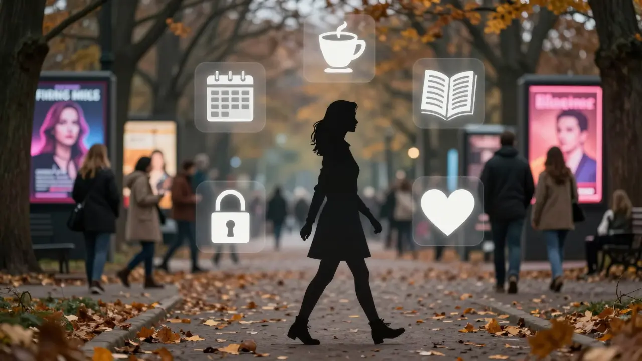 Silhouette walking through autumn park with floating icons of trust, calendar, coffee, and book.