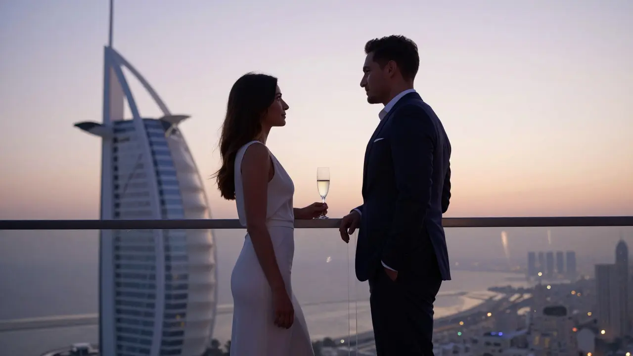 Silhouetted figures at Burj Al Arab at sunrise, sharing a peaceful moment with the city in the background.