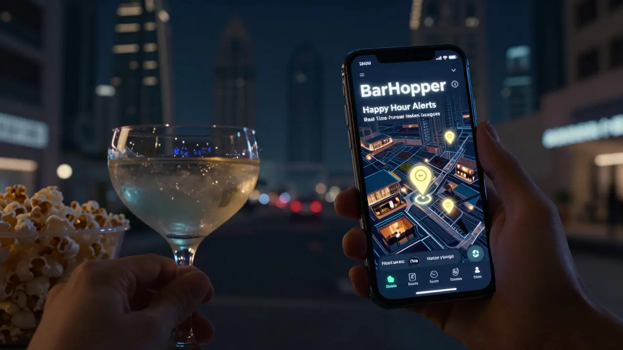 Smartphone showing BarHopper app with happy hour deals reflected in cocktail glass
