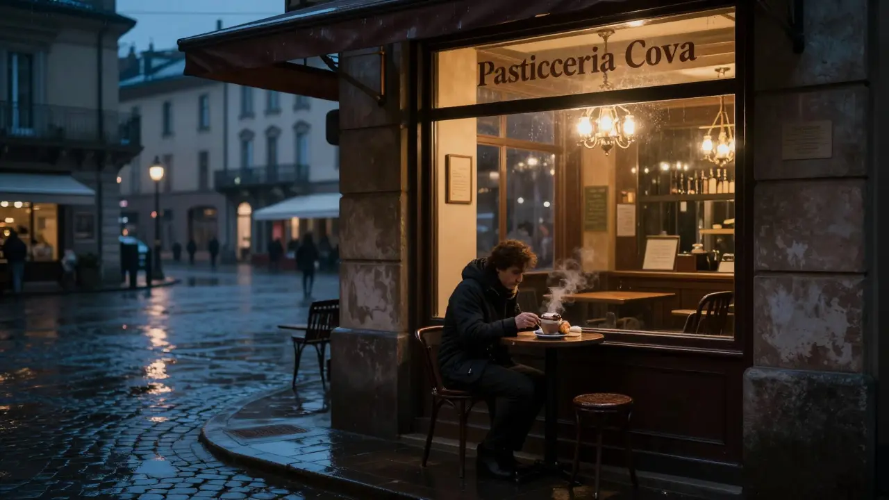 Sole figure at a 24-hour pastry bar at dawn, steaming drink and brioche by a rainy window.