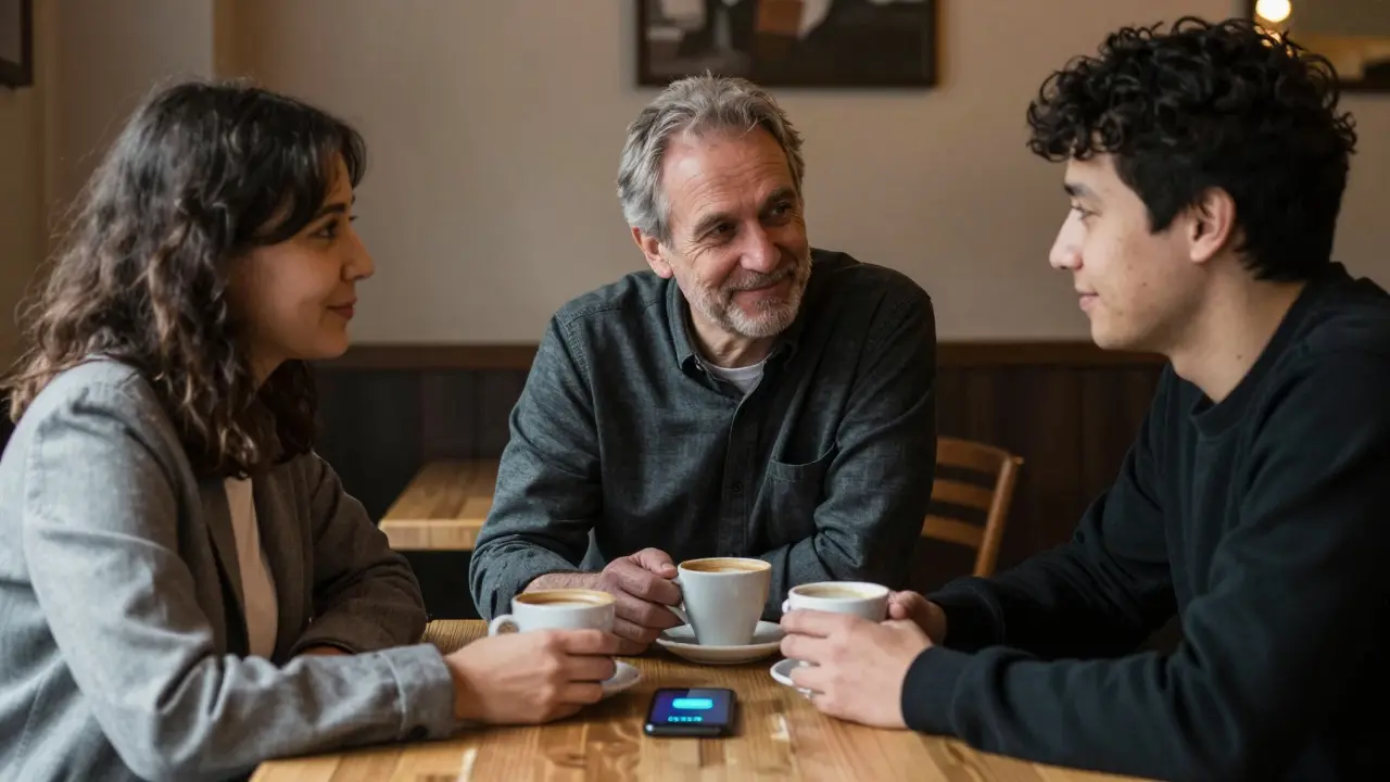 Three people sharing a quiet coffee in a Berlin café, building trust without words.