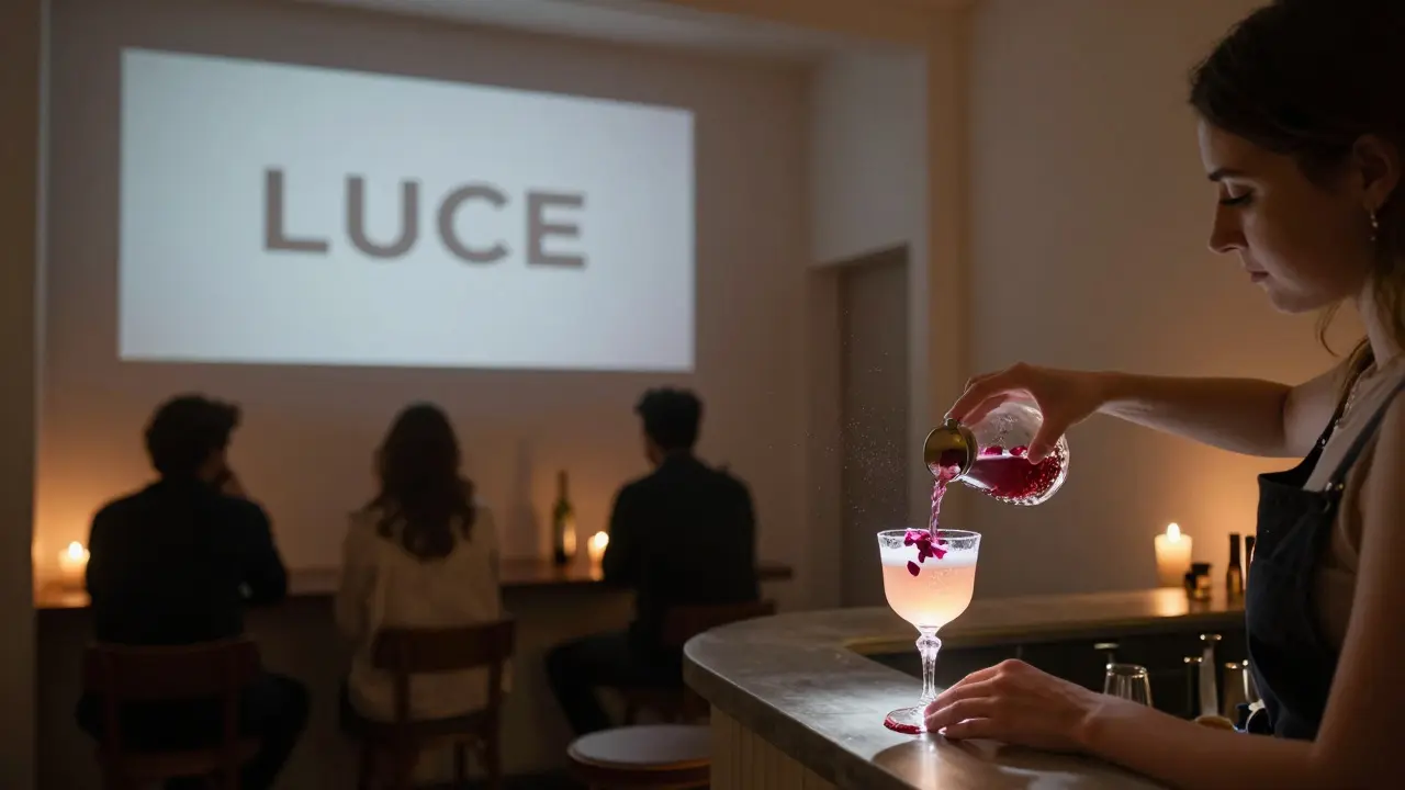 Tiny hidden bar with a bartender pouring a glowing cocktail, silent films playing on the wall, candlelit and serene.