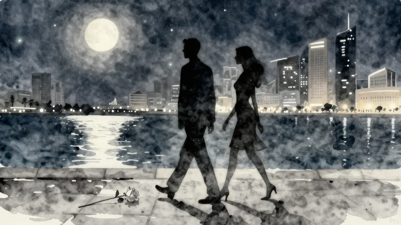 Two anonymous silhouettes walking side by side along a moonlit waterfront in Abu Dhabi.