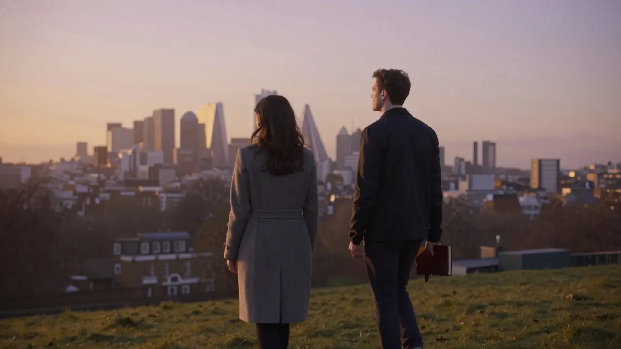 Two individuals walking peacefully along Primrose Hill at sunset, lost in silent companionship.