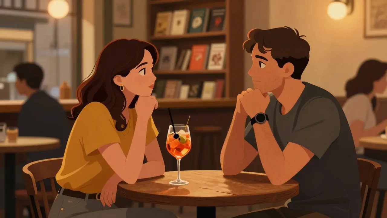 Two people enjoy an aperitivo in a cozy Brera bar, engaged in thoughtful conversation.