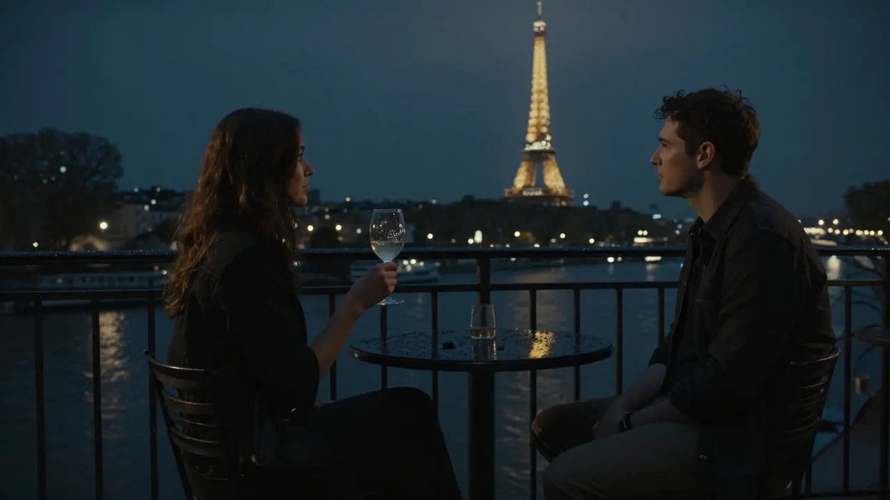 Two people on a quiet Paris terrace at night, sharing wine in silent understanding under twinkling city lights.