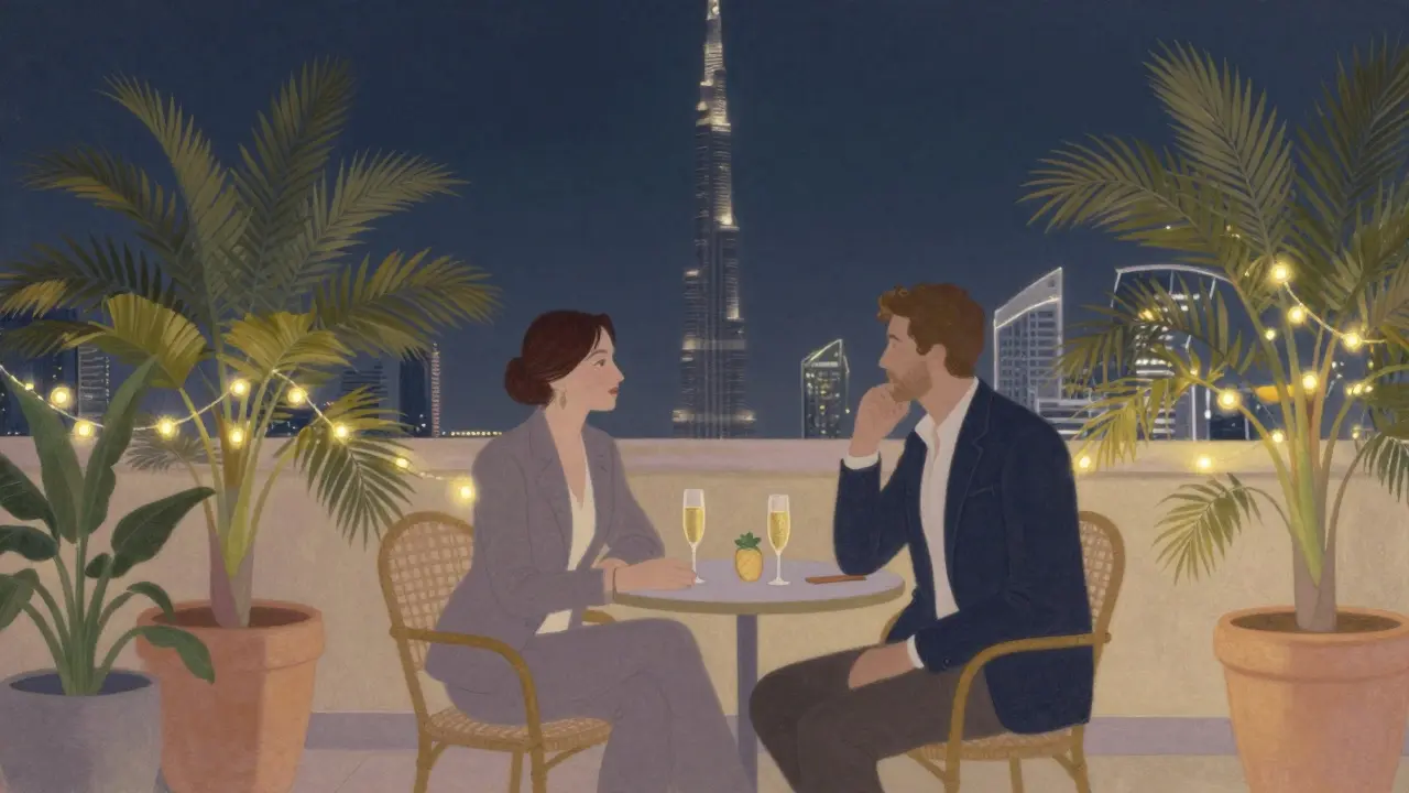 Two people on a serene rooftop garden in Dubai, sipping champagne with Burj Khalifa glowing in the distance.