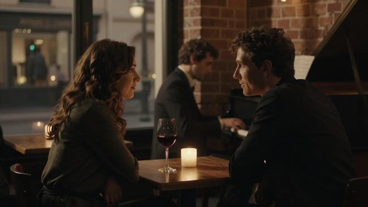 Two people share a quiet moment in a dim jazz bar, wine glasses between them.