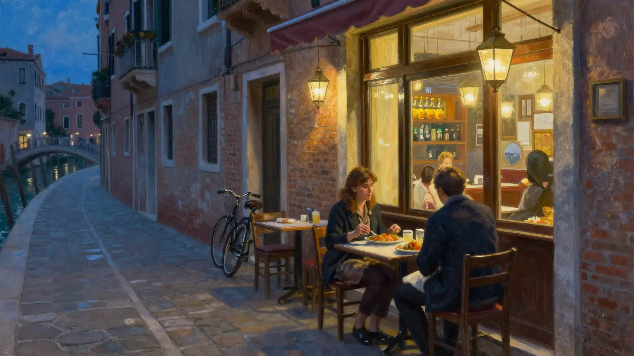 Two people sharing a simple meal in a cozy Navigli trattoria at twilight.