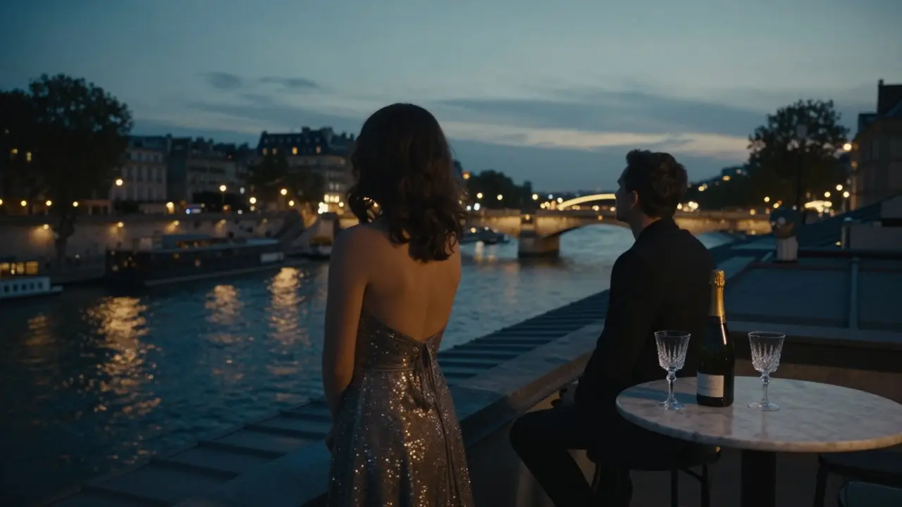 Two people silently watching the Seine glow at dusk from a private rooftop terrace.