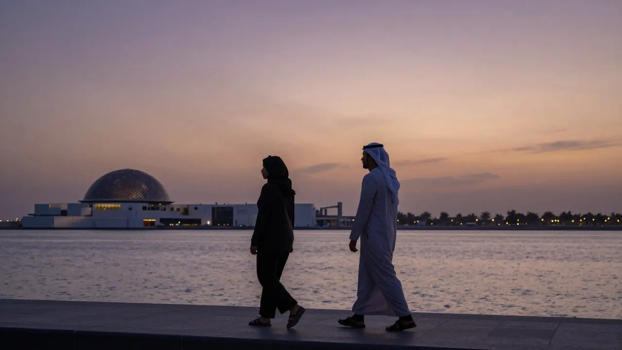 Two people walking along Abu Dhabi&#039;s Corniche at sunset, viewing the Louvre dome in the distance.