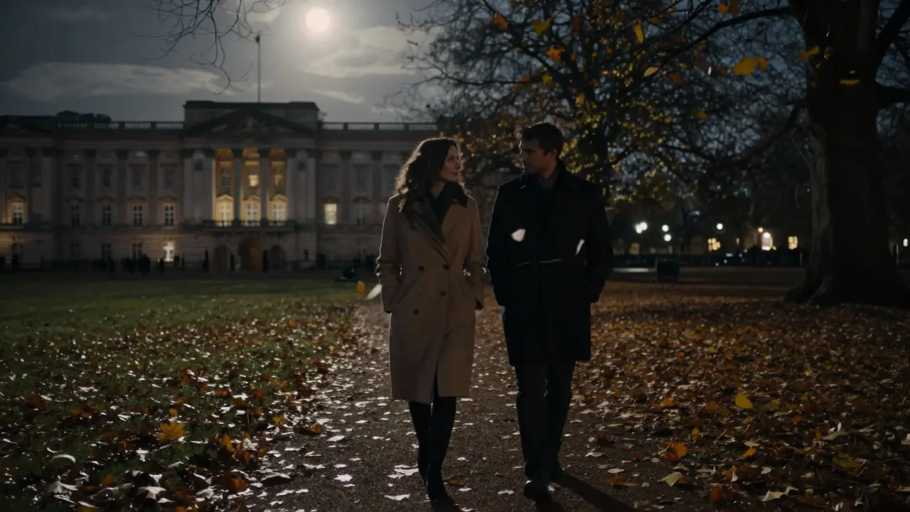 Two people walking peacefully through Hyde Park under the moonlight, autumn leaves falling around them.