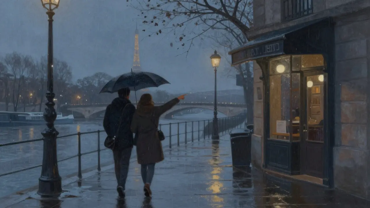Two people walking under an umbrella along the Seine at night, pointing toward a hidden jazz club with no sign.