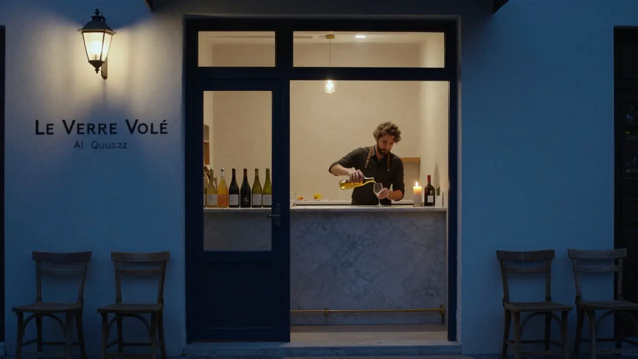 Unassuming door of a hidden wine bar with natural wines displayed inside.