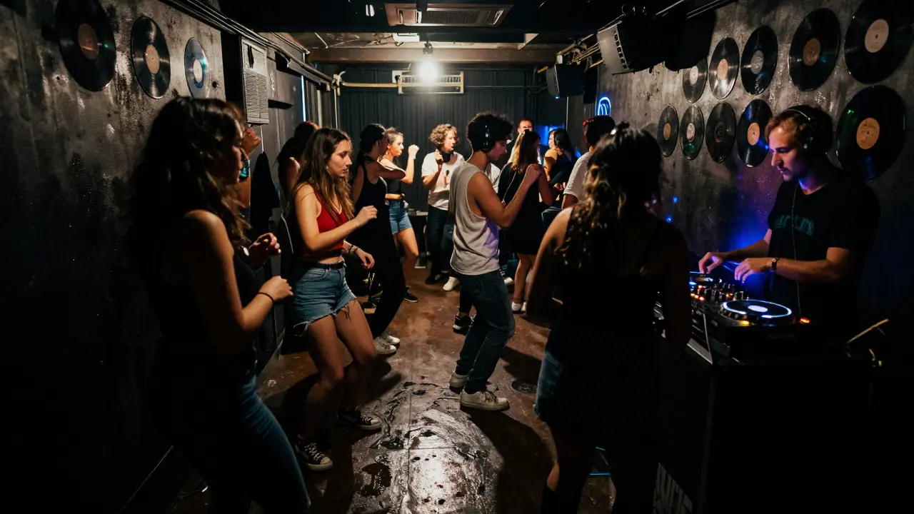Underground club with dancers under pulsing lights, sweat on the floor, vintage vinyl on the walls.