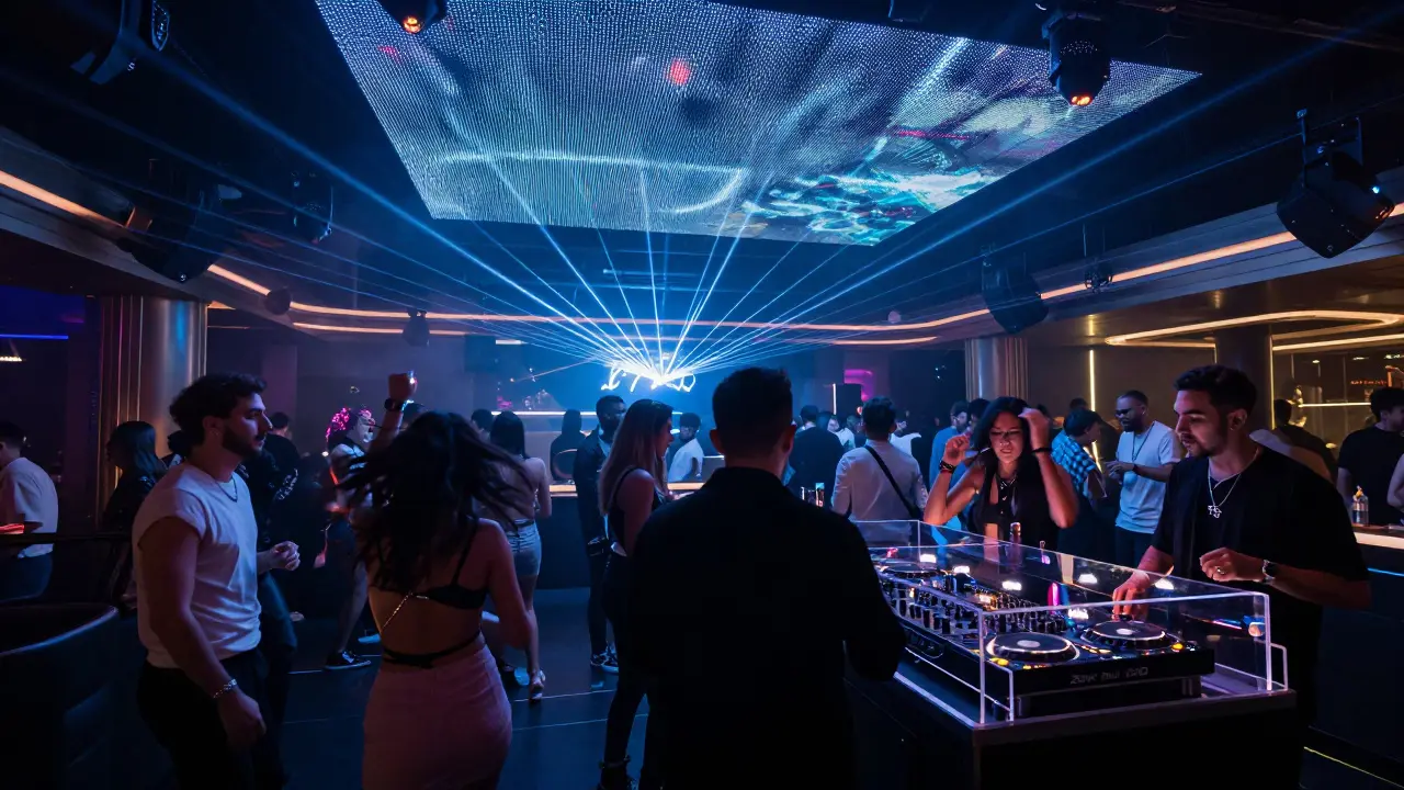 Vibrant club scene at Zouk Abu Dhabi with laser lights and dancers under a glowing LED ceiling.