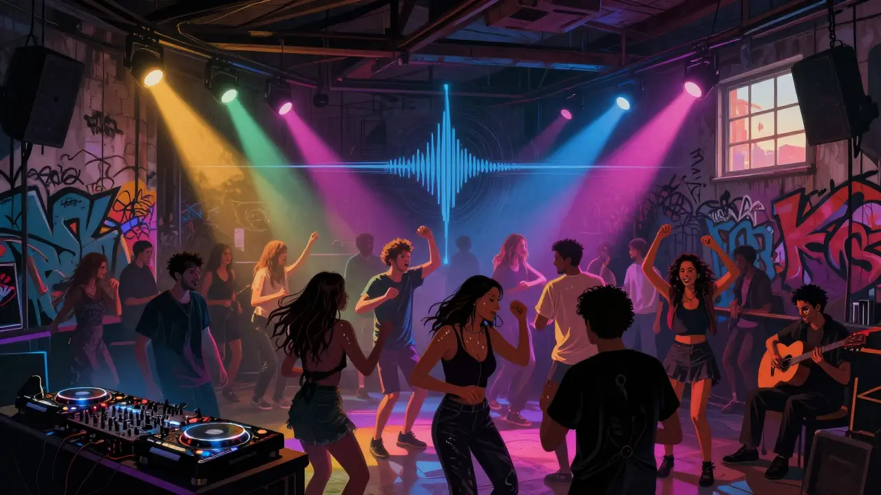 Warehouse nightclub in Kadıköy with diverse crowd dancing under pulsing lights, dawn light creeping in.