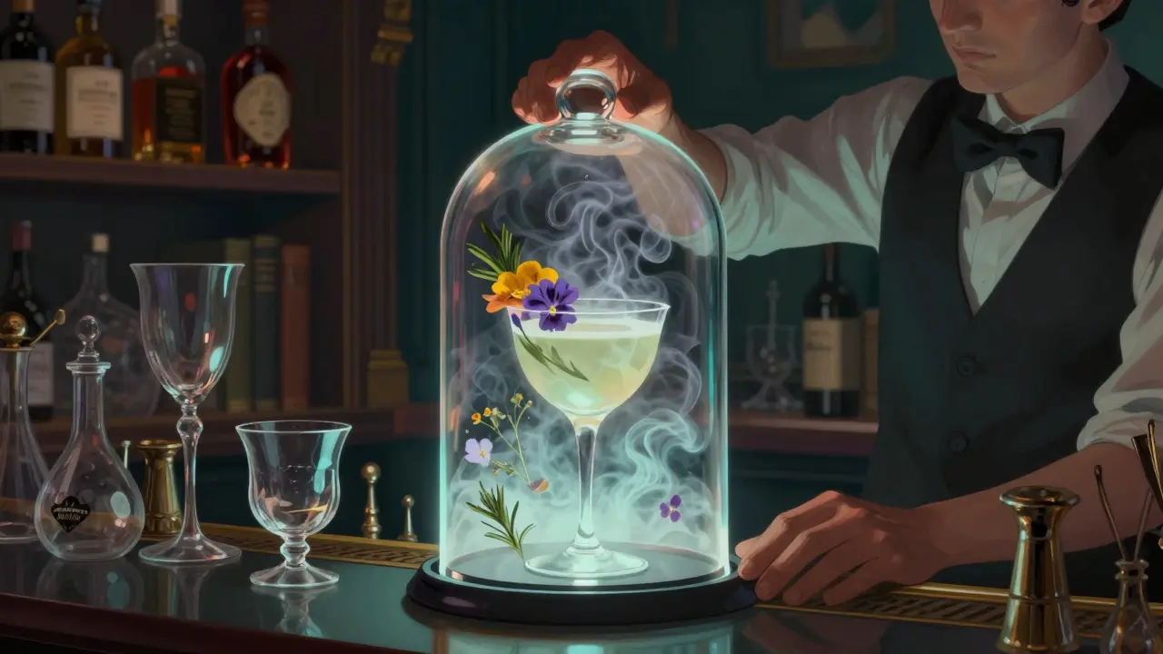 A bartender lifting a smoky glass dome over a crafted cocktail in a dimly lit bar.