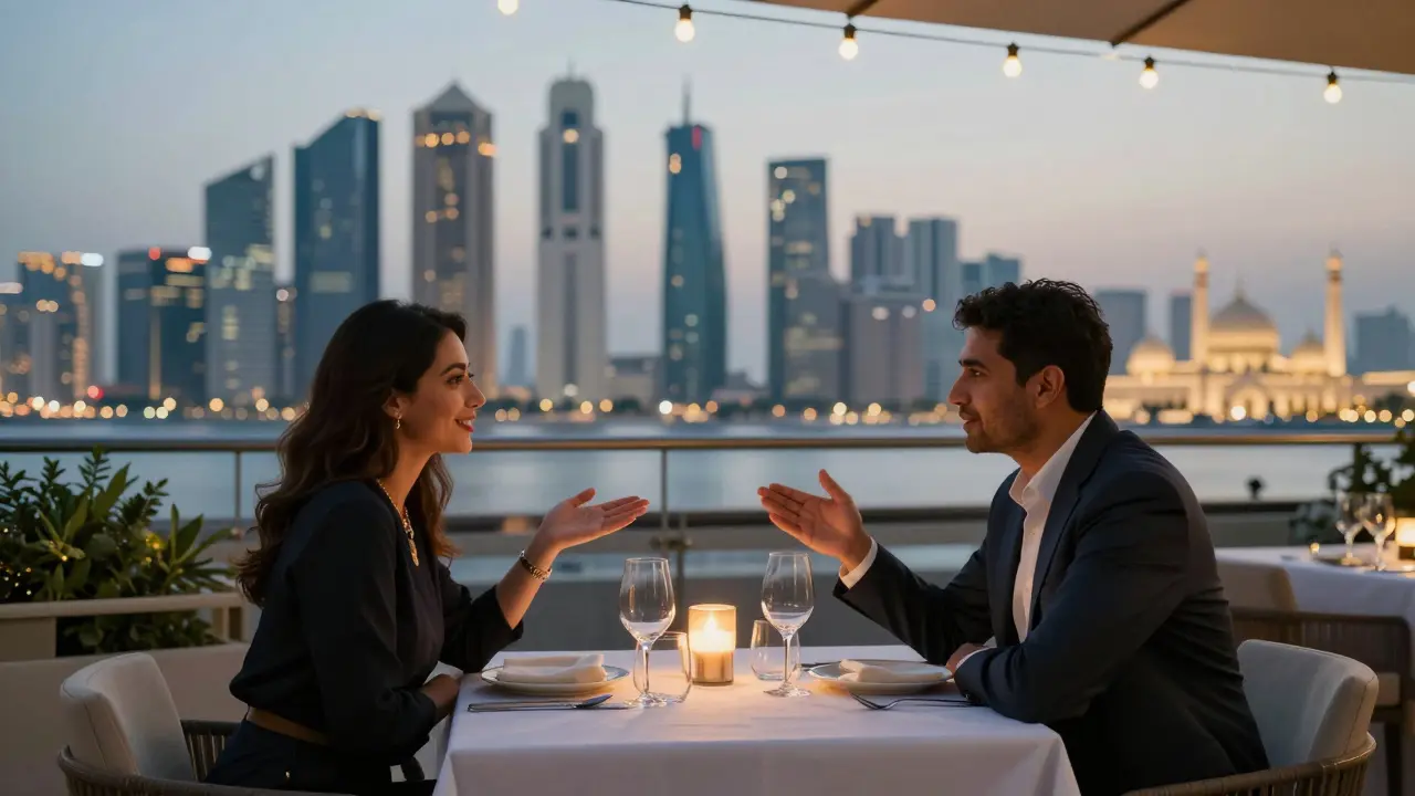 A couple dining at a rooftop restaurant in Abu Dhabi at dusk, enjoying the city skyline with dignity and restraint.