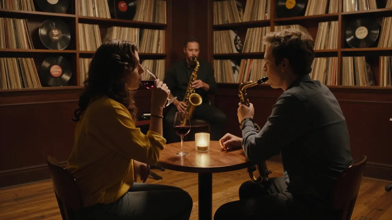A couple enjoying jazz in a dimly lit Berlin club, one listening intently over a glass of wine.