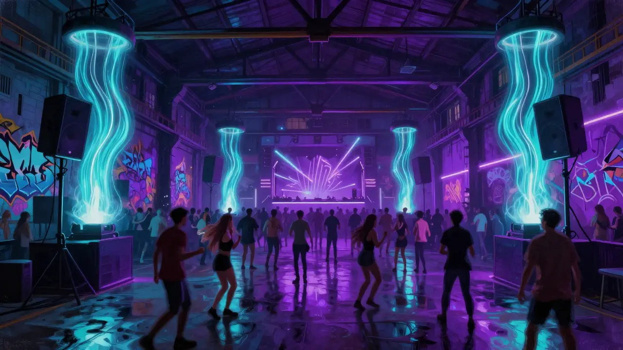 A crowded industrial nightclub with neon lights and dancers under pulsing strobes.