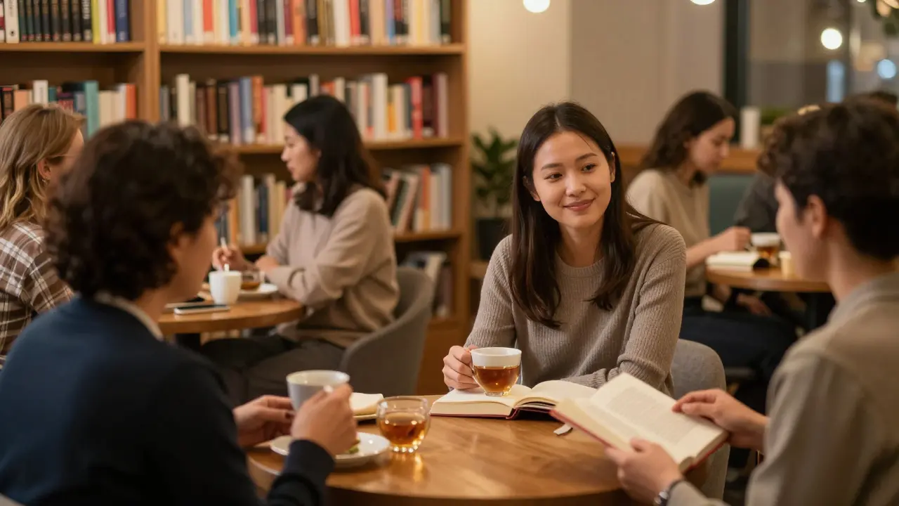 A diverse group of expats chatting warmly in a cozy book club setting.