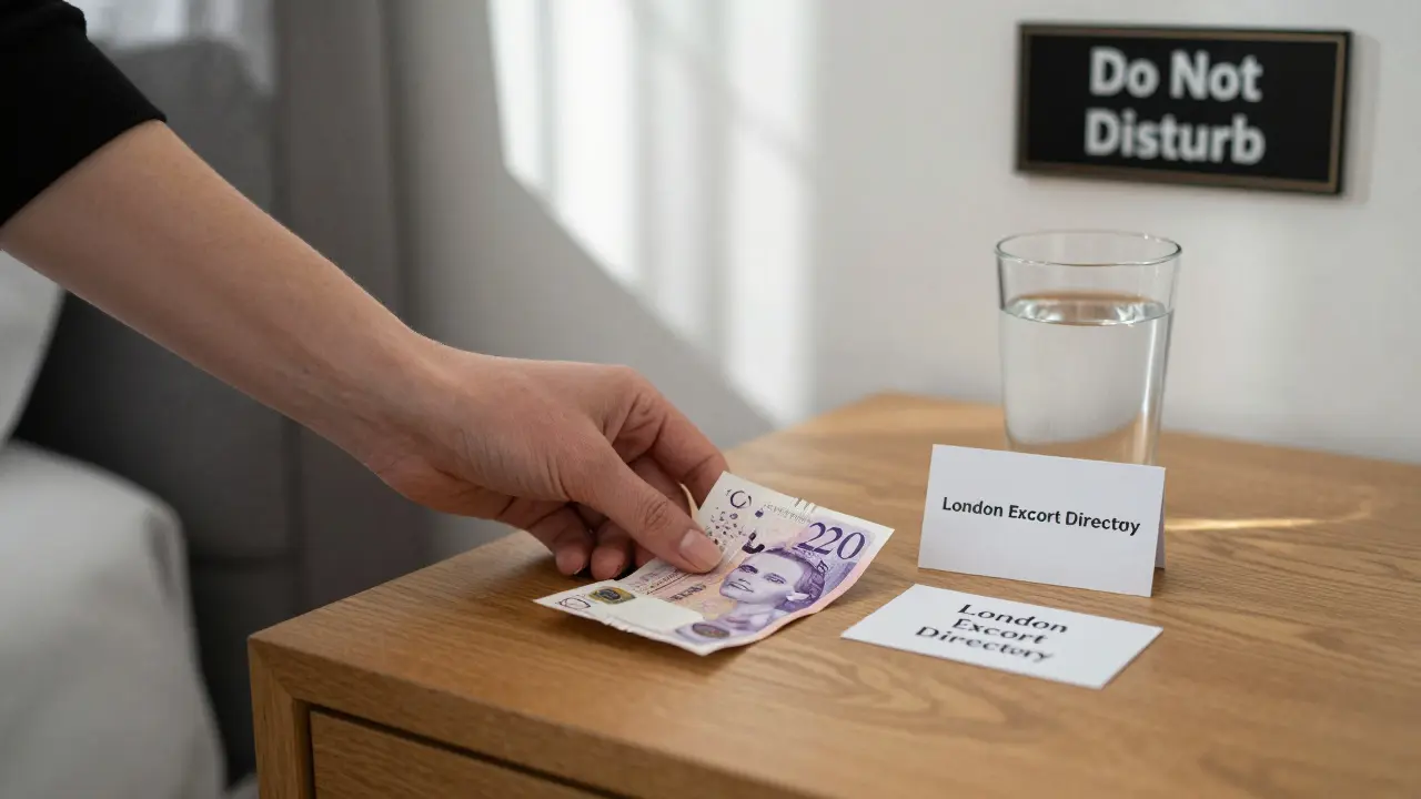 A hand placing cash on a nightstand beside a business card for a verified escort directory.