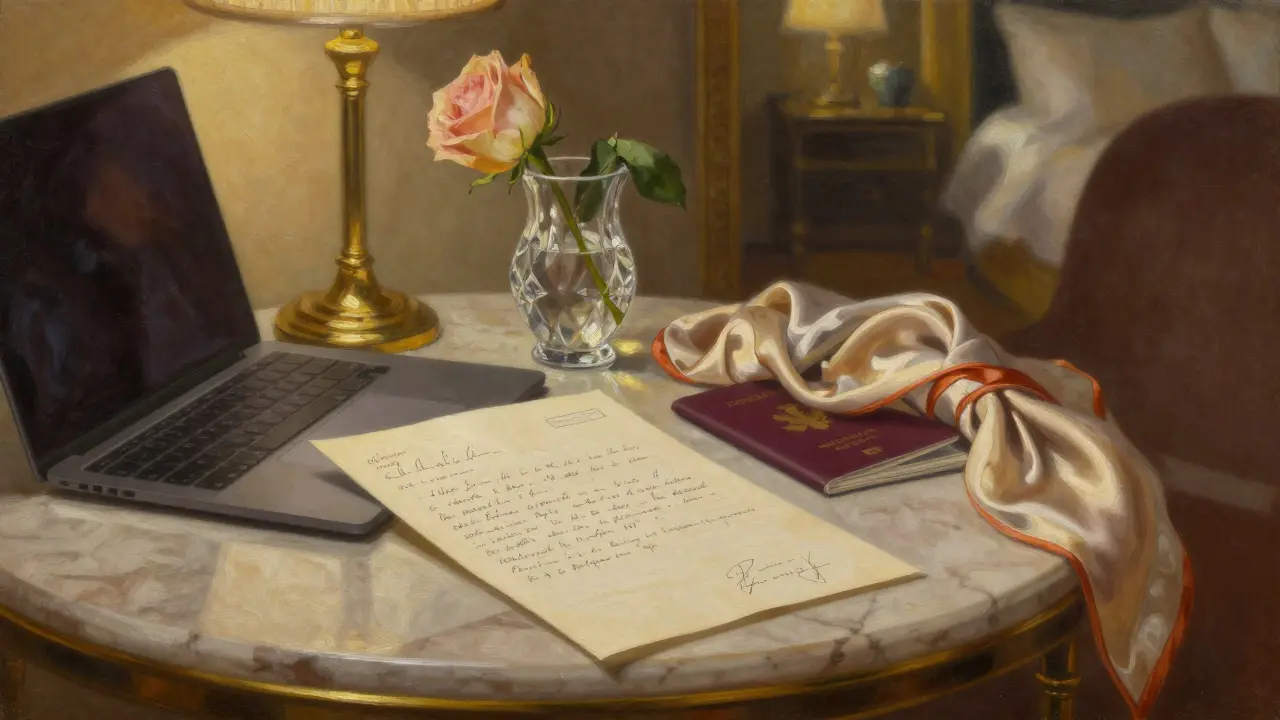A handwritten letter and a wilting rose rest on a marble table in a high-end hotel room.