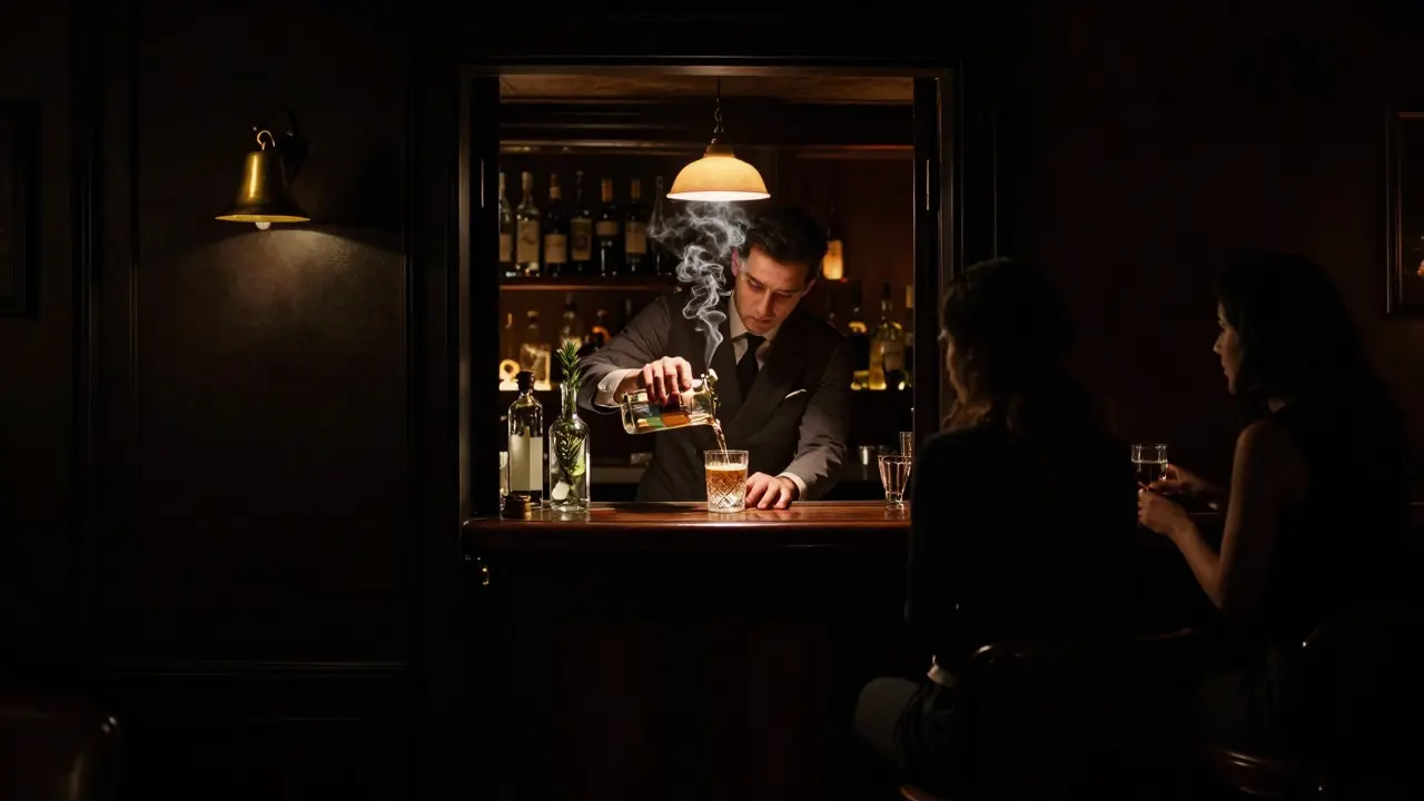 A hidden speakeasy bar with a bartender mixing a smoky cocktail in dim, intimate lighting.