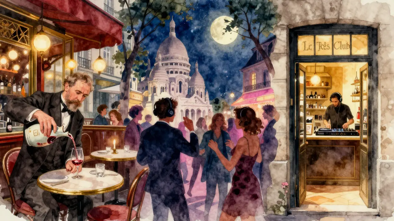 A layered artistic scene blending 1920s brasserie, silent disco, and hidden nightclub in Paris.