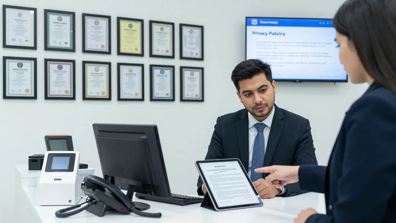 A legitimate escort agency office with visible privacy policies and secure payment systems.