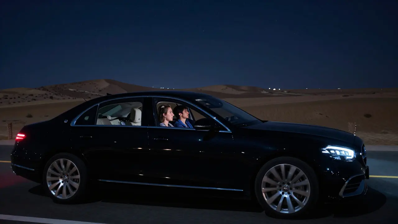 A luxury car driving silently along a desert road at night under moonlight, two passengers lost in thought.