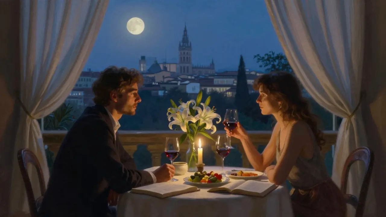 A man and woman share a candlelit evening at a private villa, engaged in quiet, respectful conversation.