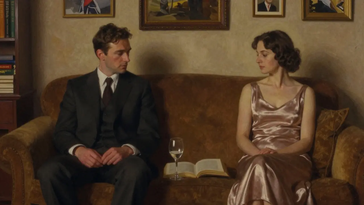 A man and woman sit silently in a dimly lit room, sharing quiet companionship without physical contact.