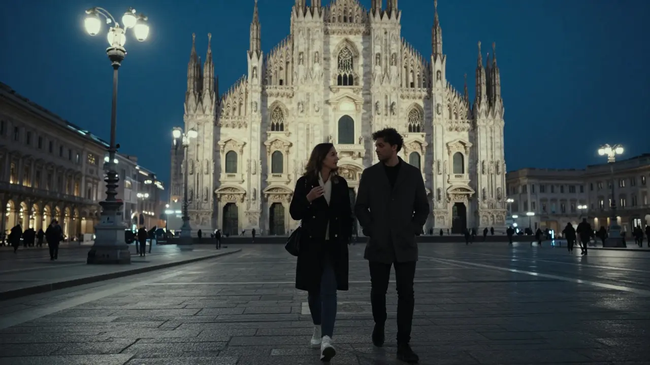 A man and woman walking beneath the illuminated Duomo at night, shadows stretching on cobblestones.