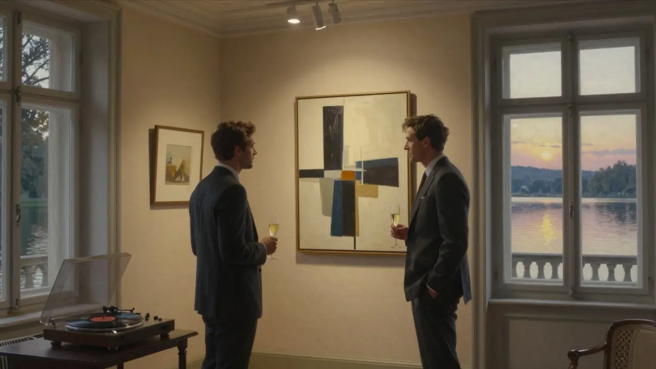 A man in a suit viewing modern art in a luxurious 1920s villa with a jazz record playing.