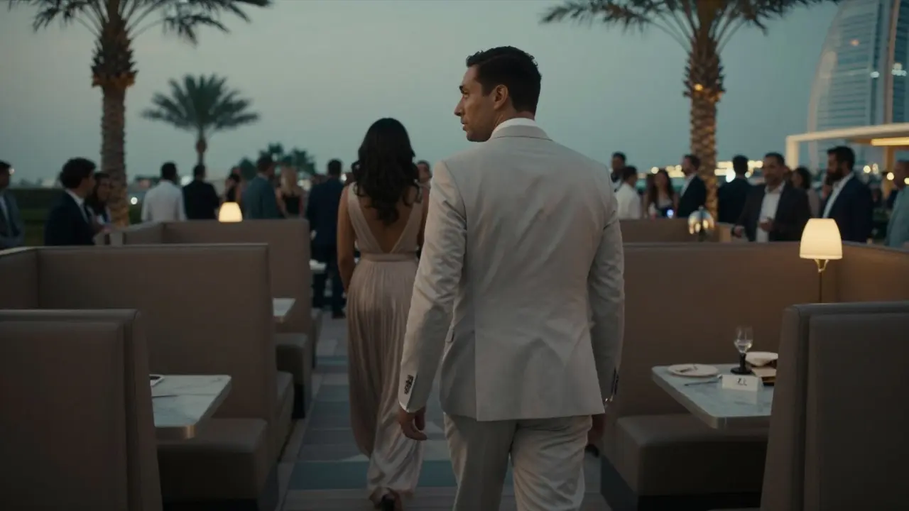 A man walks away respectfully from a private dining area in Abu Dhabi, the city skyline glowing softly in the background.